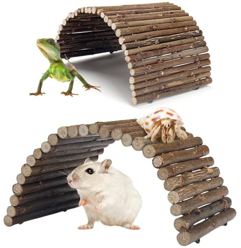 QUOZUO 2PCS Reptile Hideout Hermit Crab Bendable Bridge, Wooden Hermit Crab Hideout Climbing Toys, Reptile Tank Habitat Decor Hiding Hut for Lizards, Mice, Spiders