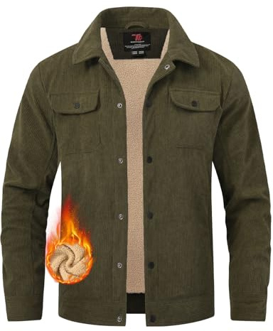 TBMPOY Herren Cordjacke Fleece Sherpa Gefüttert Wintermantel Warm Trucker Arbeit Casual Cargo Jacken mit 5 Taschen, Grün (Army Green), L
