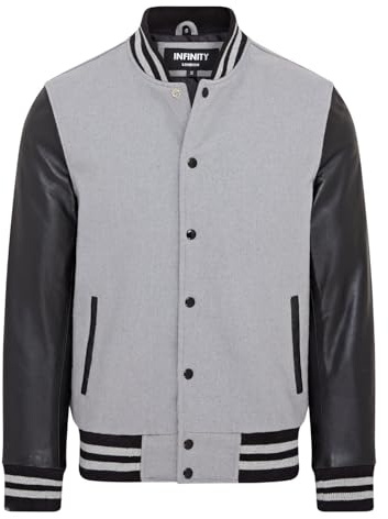 Infinity Leather Giubbotto bomber universitario in pelle nera e lana grigia da baseball di Letterman