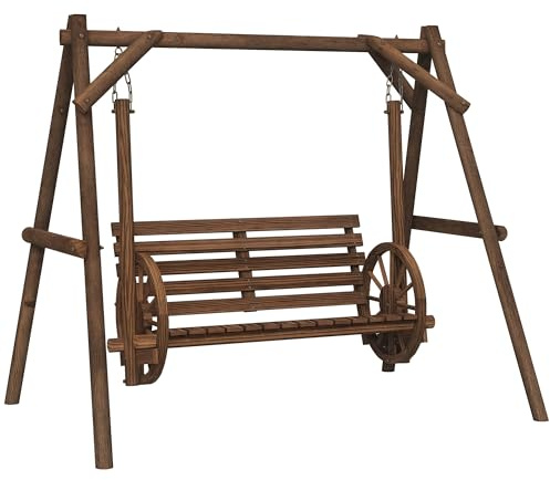 Outsunny Gartenschaukel, Hängeschaukel, 2-Sitzer, aus Holz, mit Armlehnen, Rollen für Garten, Terrasse – 200 x 137 x 167 cm (L x B x H), Braun