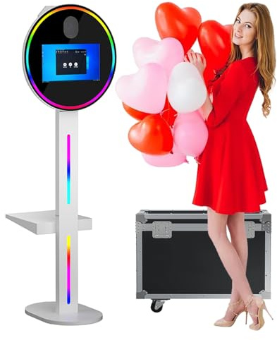 DSLR Photo Booth mit Flightcase, runder 15,6-Zoll-Touchscreen-Selfie-Kiosk-Kamera-Fotoautomat für Party-Events, Mini-PC (8 GB + 128 G) + RGB-Licht,White