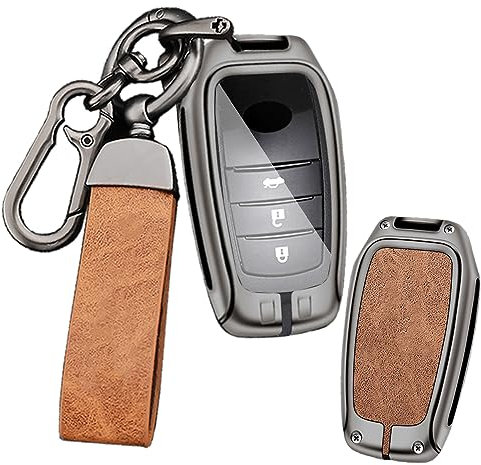 ontto Leder Autoschlüssel Hülle Schutzhülle Passt für Toyota CHR Hilux Fortuner Land Cruiser Yaris GR Cross Hybrid Camry Corolla Crown RAV4 Schlüsselhülle Metall Schlüsseletui 2/3/4/5/6 Tasten-Braun