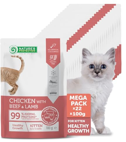 Nature’S Protection Kitten Nassfutter - Getreidefreies Katzennassfutter mit Huhn, Rind & Lamm in Sauce - Proteinreiches Nassfutter für Katzen ohne Zucker & Getreide - Gesundes Wachstum (22 x 100g)