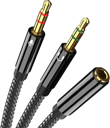 Headphone Mic Splitter Cable, 2 in 1 Microphone/Headphone Splitter, 3.5mm Jack Audio Mic Adapter, 3.5mm Aux Female to Dual 3.5mm Male PC Headset Microphone Cable Gaming Headset, Earphone, Desktop