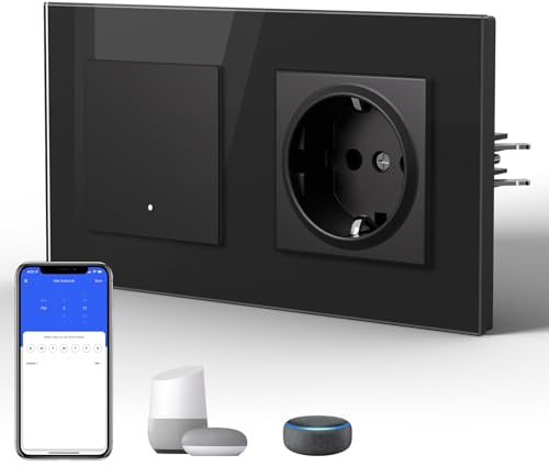 BSEED Steckdose mit Lichtschalter Unterputz 1 Fach 1 Weg WIFI Smart Lichtschalter (Neutralleiter Erforderlich), Compatibel mit Alexa/Google Home，157mm，Schwarz