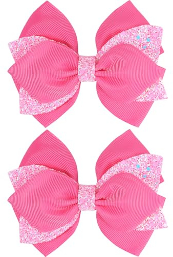 NCMAMA 4 Inch Sparkly Glitter Pink Hair Bow Clips for Girls Boutique Sequin Alligator Barrettes Pins for Teens Toddler Children Kids Grosgrain Hair Accessories for Christmas Halloween Fall Birthday