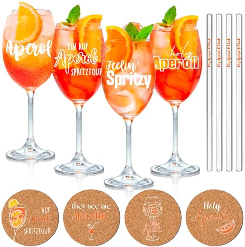 Coffret cadeau 4 verres Aperol Spritz - Verres Aperol de qualité supérieure | Pailles en verre It’s Aperol O’Clock | Sous-verres en liège, idéal pour les amateurs d'Aperol