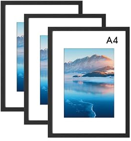 DTXDTech Marco de fotos A4, 3 unidades, 21 x 30 cm, madera negra, DIN A4, marco de fotos con paspartú, marco de certificado para soporte de pared, decoración de mesa, color negro