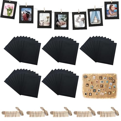 Hexizexi 50 Stück 3 Zoll Papier Bilderrahmen 9x9.5cm Schwarz Fotogirlande | Fotogirlande mit 50 Holzklammern und 5 Rollen Hanfschnur Fototaschen zum Aufhängen für Geburtstage Hochzeiten Wanddekoration