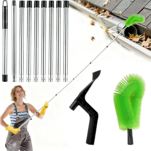 bechoanigel 2 en 1 Nettoyeur Gouttiere,390cm Brosse de Gouttière avec Manche Télescopique et Brosse/Pelle,Nettoyeur de gouttières,Facile à Démonter, pour Nettoyer les Feuilles,les,Fenêtres,Lustres