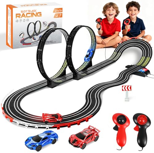 Ulikey Pista Coches Teledirigido para Niños 6+, Pista de Carreras Pista de Coches Electricos Juego con 2 Coches, Juguete Circuito Coche Eléctrico Flexible Regalo para Niños y Niñas