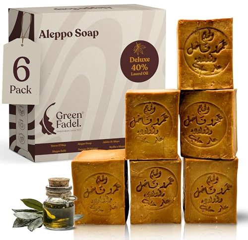 GREEN FADEL Aleppotvål Original, 40% lagerbärsolja, 6 x ca 200 g | Deluxe, olivoljetvål, 60% olivolja, naturlig tvål, handgjord, plastfri förpackning