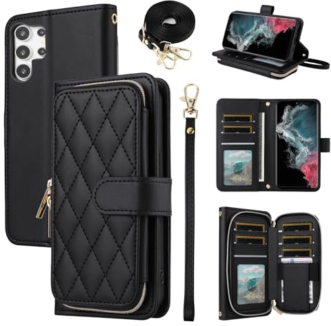 ELISORLI Wallet Case for Samsung Galaxy S26 Ultra 5G with Detachable Wrist Strap Shoulder Strap 9 Card Slots Zipper Purse Stand Cell Phone Cover for S26Ultra 26S S 26 26Ultra 6.9 2026 Women Black