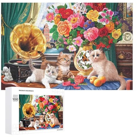 1000 PCS Jigsaw Puzzles for Adults Teenagerss Vintage Gramophone with Cats Jigsaw Hands-on Game Hand Speed Race Unique Gifts for Birthday And Christmas 1000 PCS