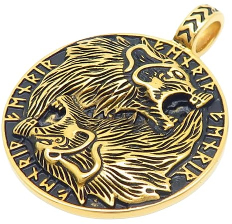 keigtuxh Collar con colgante de cabeza de lobo vikingo, collar de runas nórdicas de acero inoxidable para hombre, cadena giratoria de 24 pulgadas, regalo para él, 60 cm, Acero inoxidable, Sin gemas