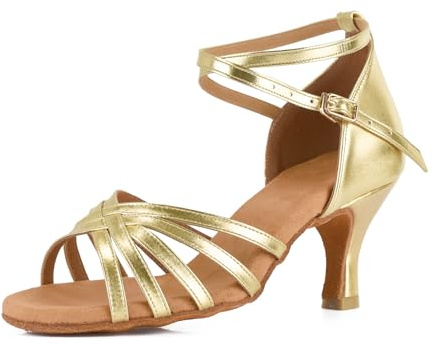 VASHCAME-Zapatos de Baile Latino de Tacón Alto/Medio para Mujer Oro Tacón 7cm 37 EU