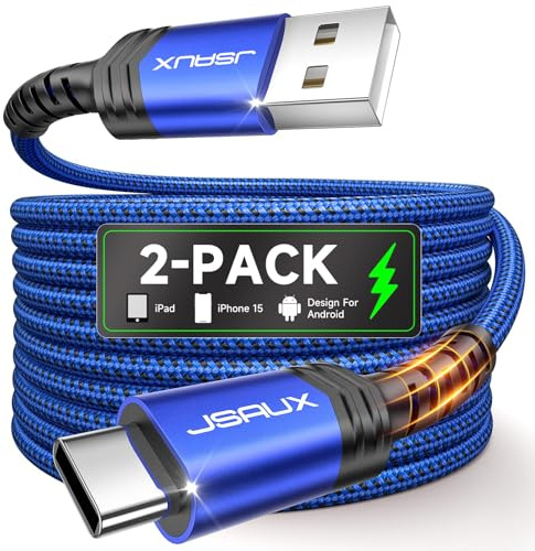 JSAUX Câble USB C (1+2M Lot de 2) 3,1A Durable Chargeur USB C Cable USB Type C Charge Rapide Nylon Tressé Compatible avec Samsung A13 A53 A52 S9 S8 S10 S22 S21 S20, Xiaomi Redmi Note 11 10 -Bleu | Charge 3.1A, Sync 480Mbps, Nylon Tressé, 40 000+ Flexions, Puce de Sécurité, pour Android Auto et iPhone CarPlay