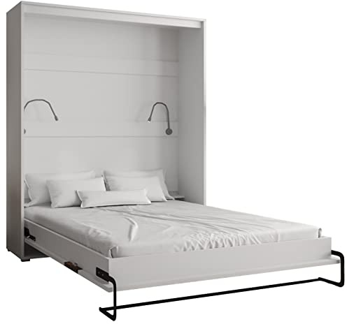 KRYSPOL Bett im Schrank Home, Vertikal, Schlafzimmer, Jugenzimmer, Modern Design (Weiß matt + Schwarz matt, 160 x 200 cm)
