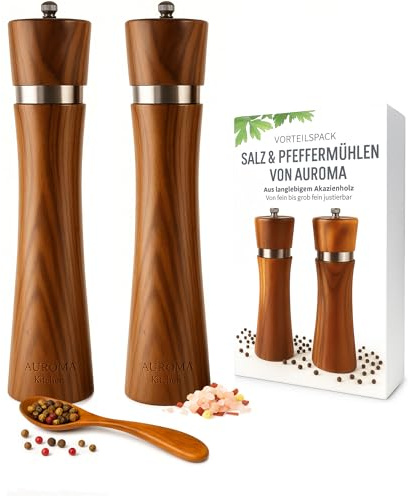 AUROMA Salz & Pfeffermühlen Set aus hochwertigem Akazienholz gefertigt | Modernes Design | Geschenkidee | Gewürzmühlen für Salz, Pfeffer, Chili & alle Arten von Kräutern | Keramikmahlwerk (26,5cm)