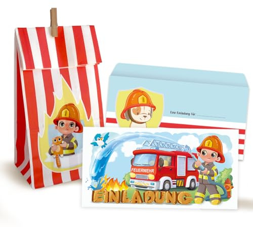 NiLiNo Feuerwehr Party Set Kindergeburtstag – 8 Mitgebseltüten + 8 Einladungskarten - Feuerwehrmann Geburtstagsset – Einladungskarten & Partytüten für Kinder