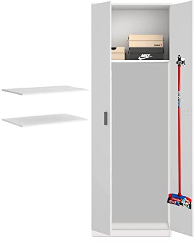HABITMOBEL Mueble Baño Multiusos, Blanco 180 x 59 x 37 cm y 4 Ganchos escoberos Acero (estantes adicionales incluidos)