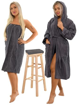 Interkontakt SET - M - Bademantel Damen Frottee mit Kapuze + Saunakilt Damen + Handtuch - 100% Baumwolle OEKO-TEX® Zertifiziert - Verfügbare Größen (S, M, L, XL, XXL) - Farbe - Grau