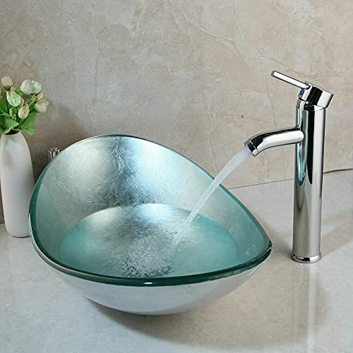 chicstyleme Tischwaschbecken Silberweißes Ovales Glas Becken und Armatur Aufsatzwaschbecken aus gehärtetem Glas Waschbecken im Badezimmer L550*W350*H110*T12mm