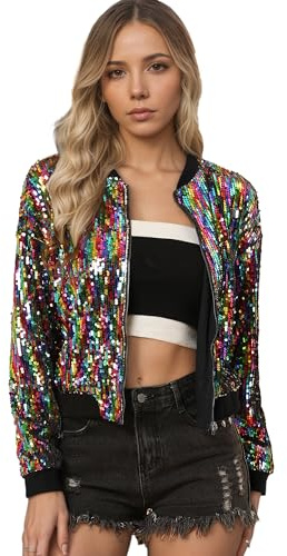 Allegra K Damen Glitzer Jacke Bomberjacke Pailletten Bomber Jacke Langarm Party Club Metallic Sequin Jacken Regenbogen M
