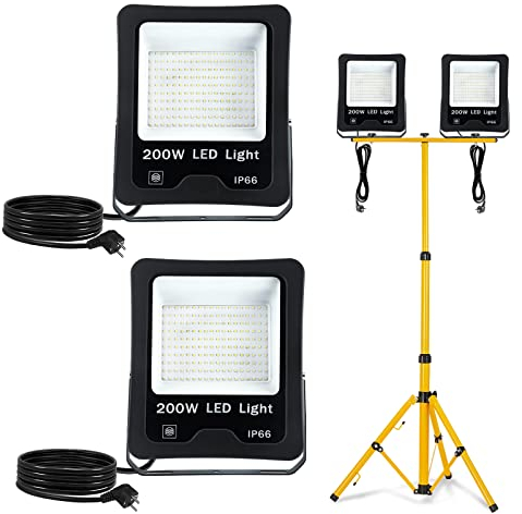 Froadp 2x200W Lampada Lavoro con Treppiede Faretto da Cantiere con Alloggiamento in Alluminio Cavo di Alimentazione da 3m e Spina Europea Proiettore Impermeabile IP66 Contro i Fulmini(Bianco Freddo)