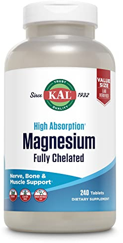 KAL Magnesium Glycinate Tablets, Fully Chelated, High Absorption Formula with Magnesium Bisglycinate Chelate for Nerve, Muscle & Bone Health Support, Vegan, Gluten Free, Value Size, 240 Tablets