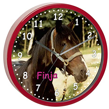 CreaDesign, Wanduhr Kinder personalisiert mit Name, Motiv Pferd Orignial, Rahmen Wanduhr rot, Ø 19,5 cm