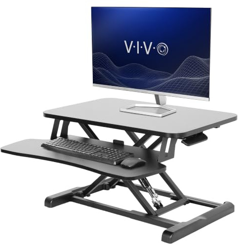 Vivo DESK-V026KB Höhenverstellbarer Schreibtischaufsatz, Sitz-Steh-Arbeitsplatz für zwei Monitore und Laptop, mit Tastaturablage, Schwarz, 66 cm