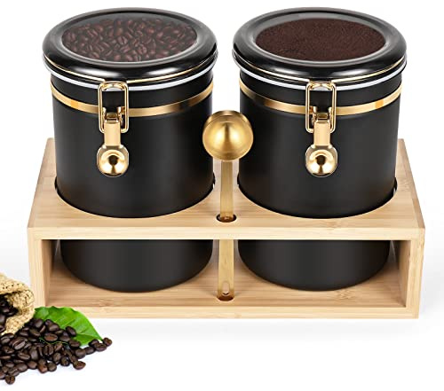 Yangbaga 304 Stainless Steel Coffee Canisters for Ground Coffee,2 x 63OZ Coffee Container with Shelf Coffee Bean Storage, Food Storage Jar with Gold Airtight Locking Clamp and Spoon for Kitchen