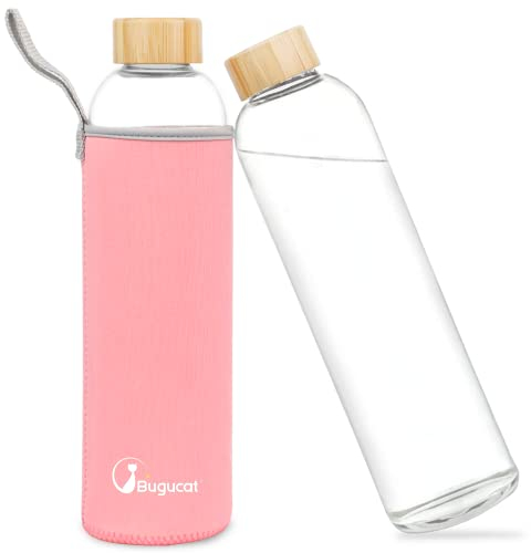 Bugucat Bouteille en Verre 1000 ML,Bouteille d'eau en Verre Borosilicate Gourde en Verre avec Étui de Protection, Bouteille d'eau Reutilisable Enfant Adulte Anti-Fuite,Sans-BPA PVC