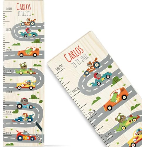 GRAVURZEILE Messlatte für Kinder aus Holz - Rennauto Design - mit Namen für Kinderzimmer - Skala misst 80-140 cm - Größe 20 x 70 x 2 cm - Geschenk zur Geburt für Mädchen & Jungen