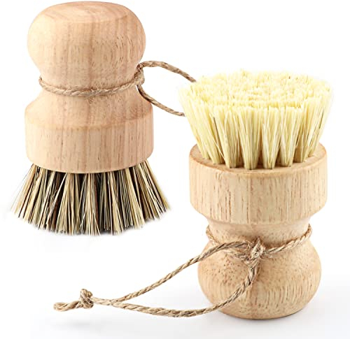 2 Pack Dish Scrub Brushes Wooden Pot Cleaning Scrubbers Natural Sisal Palm Bristles Diswashing Brush with Handle Rope for Dishes Pots Pan Wok Skillet Vegetables Kitchen Sink