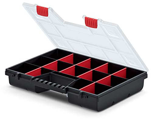 Kistenberg Nor 40 KNO40307 Werkzeug-Organizer Werkzeugkasten mit 10 Herausnehmbaren Fächern Transparenter Deckel 390 x 290 x 65mm