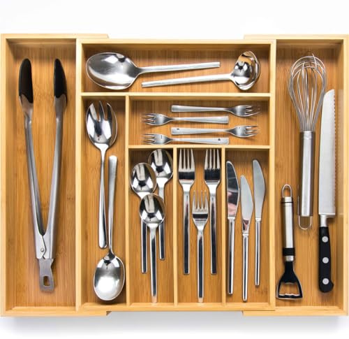 Budu Besticklåda #43 (djup 43 cm) av bambu – Lådor organisationssystem för Köket – Utdragbar – Justerbar - Köksdrawer Organisatör - Organizer för Bestick - Kitchen Drawer Organizer