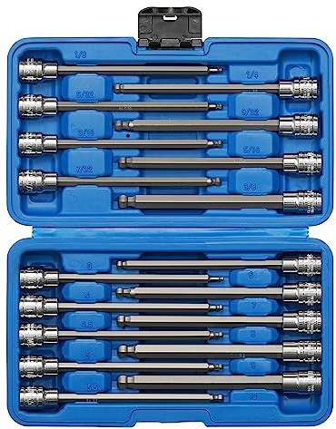 EMENTOL Juego de 18 llaves de vaso hexagonales de punta de bola larga de 3/8 pulgadas, CR-V, acero S2, SAE/métrico, juego de llaves Allen extralargas, 1/8 pulgadas - 3/8 pulgadas, 3 mm - 10 mm