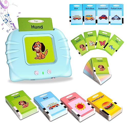 Sprechende Flash-Karten, Standard Deutsch-112 Blätter 224 Wörter, Sprechende Flash Karten Lernspielzeug für Kleinkinder 2-4 Jahre Alt, Interaktive Spielzeug für Jungen Mädchen (Blau)