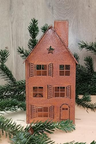 NEU !! Haus - Windlicht 26 cm hoch aus Metall in Edelrost Rost Garten Beleuchtbar Dekoration Landhaus Shabby chic Vintage Stern