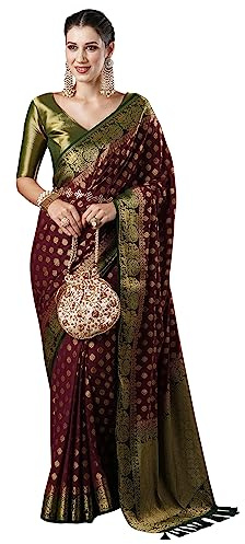 AKHILAM Sari Kanjeevaram tissé Zari avec chemisier non cousu pour femme, Bordeaux et vert, taille unique