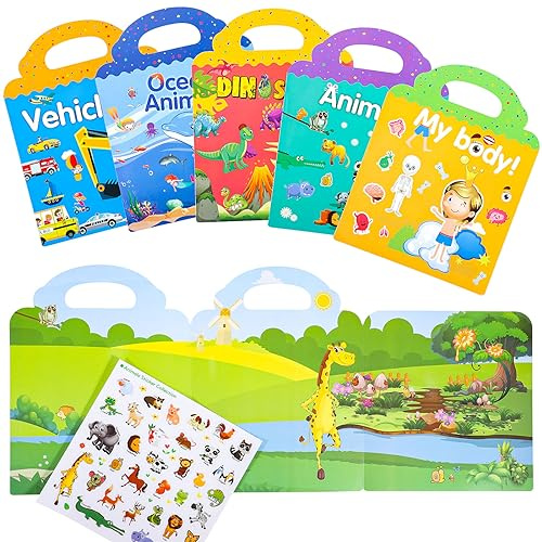 Lanjue 5 Packs Reusable Sticker Books, 3D Puffy Sticker Book for Age 2-6 Year Old Boys Girls, Scene Storybook Toddlers Sticker Books Educational Learning Toy Gifts