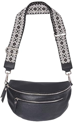 Große Gürteltasche Crossbody Bag aus 100% Echtleder mit breitem Gurt und 2 Zipper - Ella (schwarz BB)