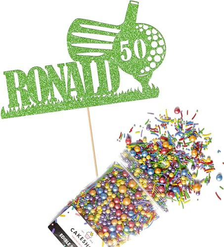 Cakeshop Cake Decoration Pack | Golf Theme Birthday Premium Double Sided Glitter Card Cake Topper & 25g Party Pack of Cake Sugar Sprinkles | Custom Name & Age Cake Decorations (Green)