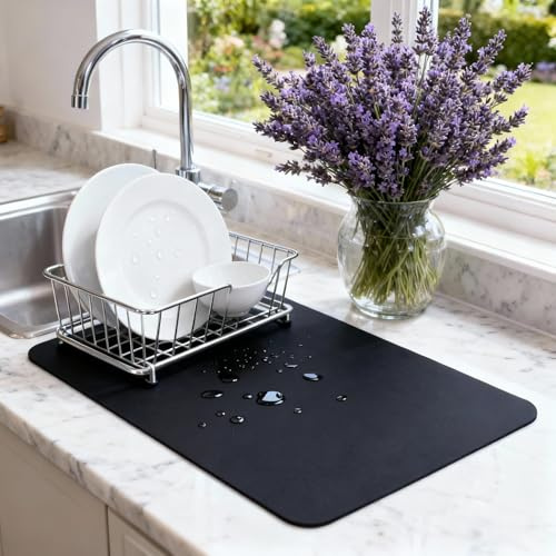 STRABELLA Dish Drying Mat Super Absorbent – 16 x 12 Coffee Mat for Countertops – Non-Slip Drying Mat for Kitchen Counter – Easy to Clean Water Absorbent Mat – Quick Dry Dish Drying Mats (Black)