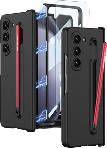 Wibrthz Funda para Samsung Galaxy Z Fold 5 con Soporte para S Pen y S Pen, Funda de Lujo con Protección de Bisagra Magnética y Protector de Pantalla Fronta Protectora Carcasa(Negro+Rojo Bolígrafo)