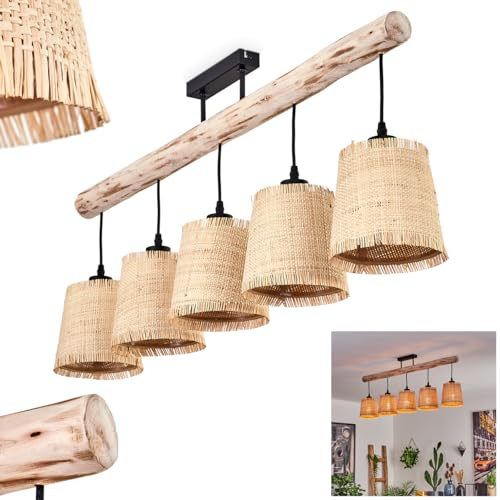 HOFSTEIN Deckenleuchte Soungou, Deckenlampe aus Metall/Holz/Bast in Schwarz/Naturfarben/Beige, Leuchte im Boho/skandinavischen Design mit Holzstab, 5 x E27, Wohnzimmer, Esszimmer, Schlafzimmer, Küche