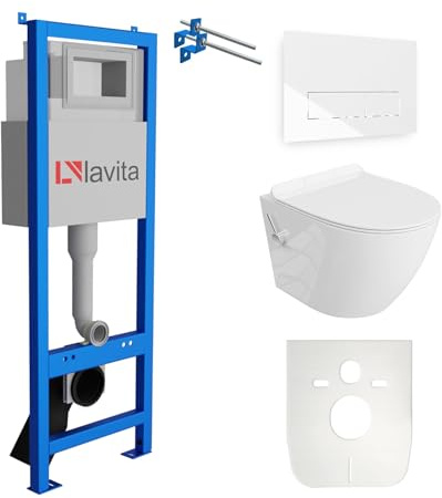 Lavita LAV 101 Vorwandelement für WC 40cm + Wand Hänge Tiefspül WC SALTO Weiß Spülrandlos + Bedienplatte LAV 200.3.1 Weiß + WC Sitz mit Absenkautomatik Unterputz Spülkasten Toilette Komplett Sett WC