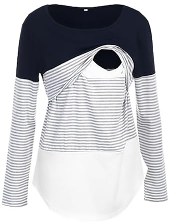 Lingerie de grossesse pour femme - Chemisier de grossesse à manches longues - Imprimé rayé - Haut d'allaitement - Blouses d'été, Marine, XXL
